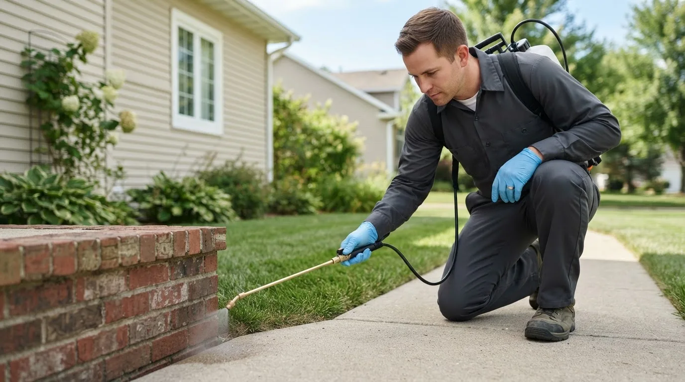 Pest control technician treating a home near Westford, MA
