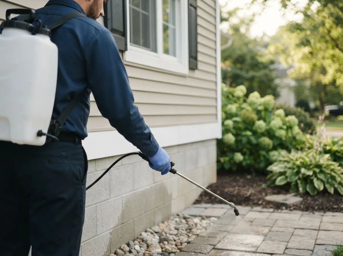 Pest control technician inspecting a home in Westford, MA